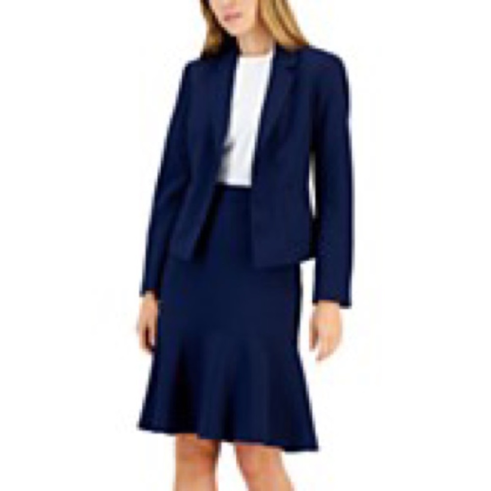 NWT Le Suit crepe button front flounce skirt suit in indigo, size 16.